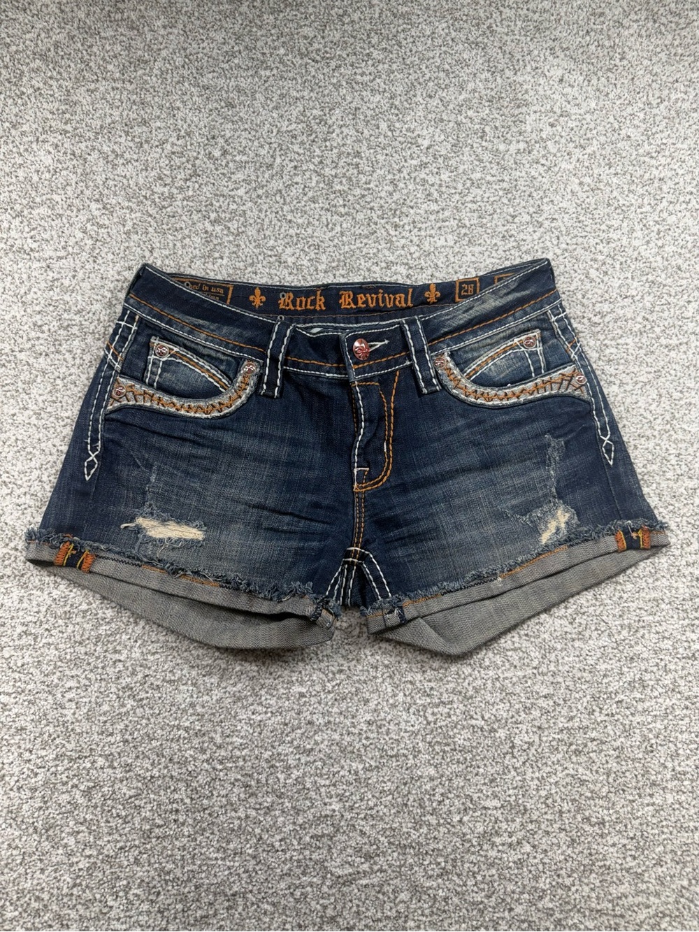 Women's Rock Revival Dark Wash Blue Lillian Embroidered Denim Shorts Size 28
